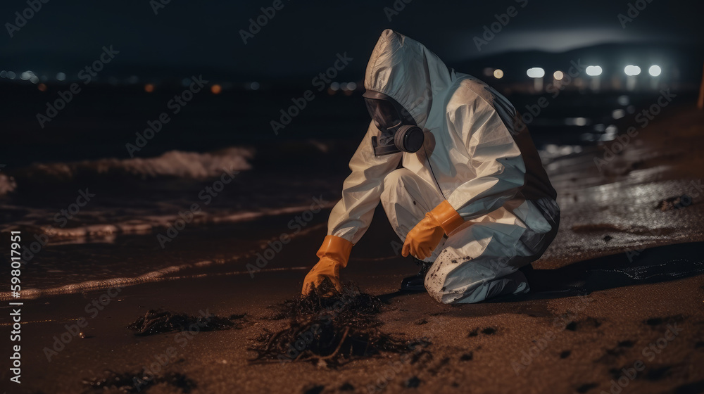 Man in hazmat suit in ruined seashore at night, generative ai Man in hazmat suit in ruined seashore at night, generative ai