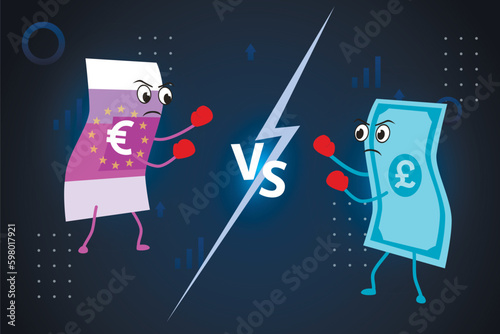 Currency battle of the euro against the pound. Currencies fight on a stylized background.