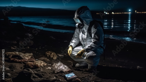 Man in hazmat suit in ruined seashore at night, generative ai
