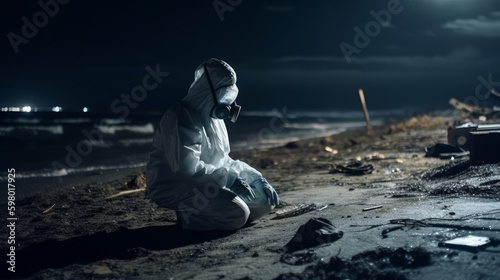 Man in hazmat suit in ruined seashore at night, generative ai