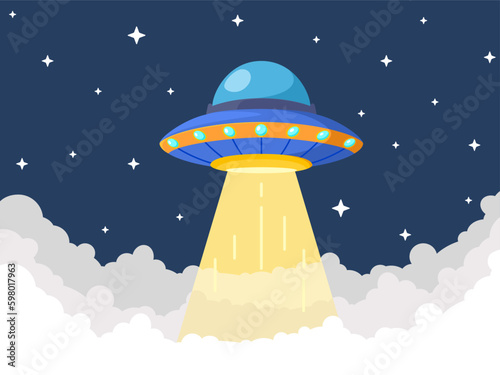 UFO saucer futuristic alien spaceship floating on the clouds. The unknown flying object in the night sky dark background. Vector illustration cartoon flat design.