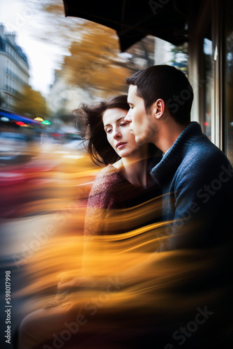 Generative AI illustration of Middle-aged couple in love walking through the city streets with feeling of motion