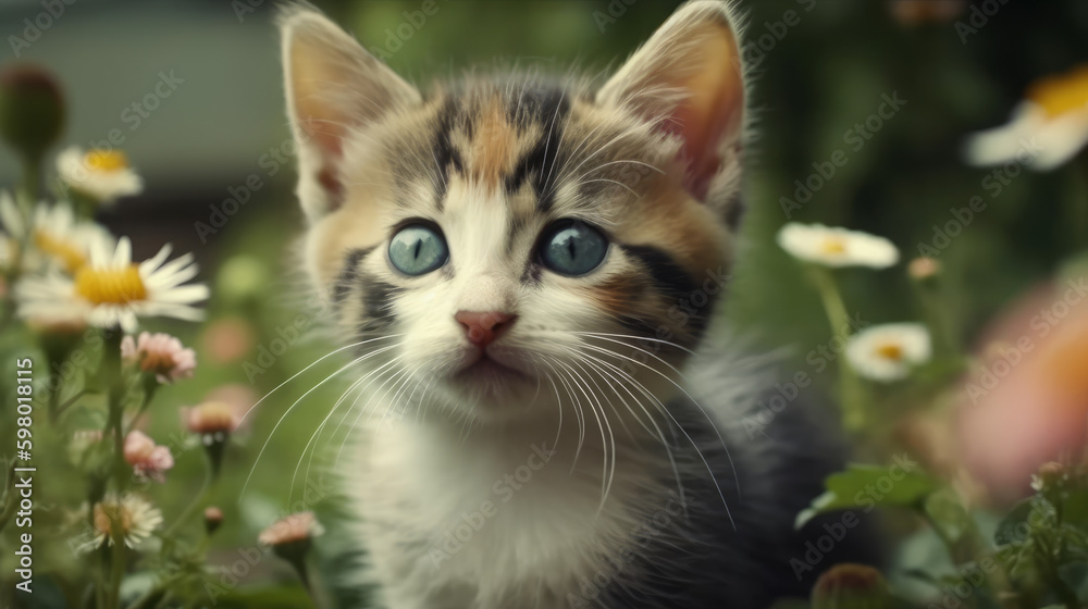portrait of a cat, kitten with flowers and grass, generative ai portrait of a cat, kitten with flowers and grass, generative ai