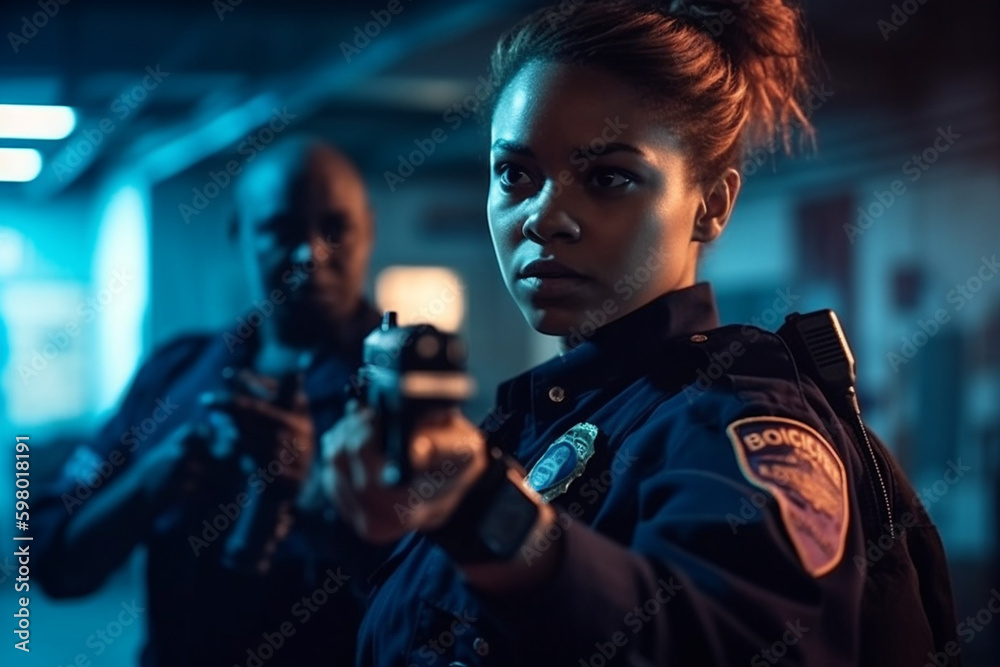 a young police officer woman in uniform with a gun . Generative AI a young police officer woman in uniform with a gun . Generative AI