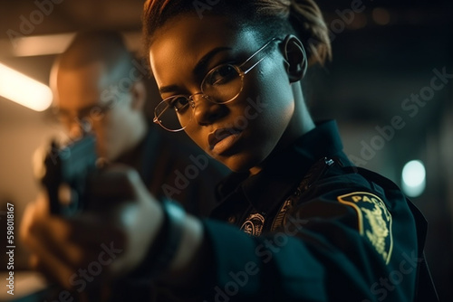 a young police officer woman in uniform with a gun . Generative AI