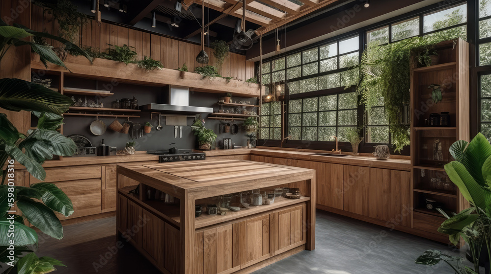 Modern kitchen interior made of natural wooden material, generative ai Modern kitchen interior made of natural wooden material, generative ai