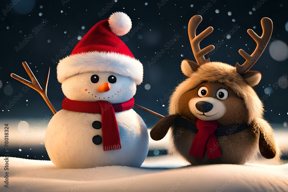 Cute happy snowman and Cute Christmas reindeer. Generative AI Cute happy snowman and Cute Christmas reindeer. Generative AI