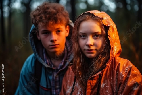 teenagers, young boy and girl camping in forest. Generative AI