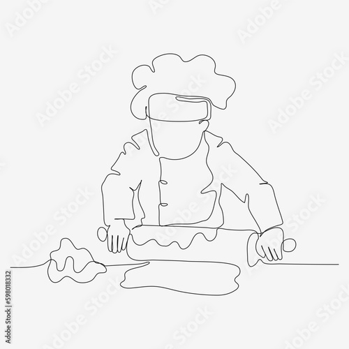 Continuous one line design of kid kneading dough. Cute cooking art character. Minimalist style vector illustration on white background.