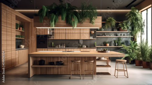 Modern kitchen interior made of natural wooden material, generative ai © TheGoldTiger