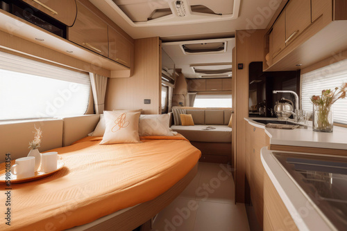 Generative AI illustration of interior of motorhome with two big beds, kitchen and dining table, with style of meticulous detailing © Eduardo Lopez