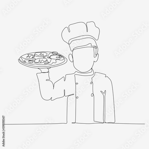 One line continuous design of chef in hat serving pizza. Cute cooking art character. Minimalist style vector illustration on white background.