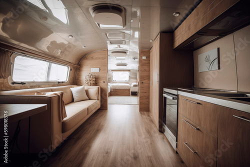 Generative AI illustration of interior of motorhome with two big beds, kitchen and dining table, with style of meticulous detailing