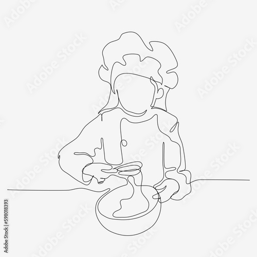 Continuous one line design of a little girl kneading dough. Cute cooking art character. Minimalist style vector illustration on white background.