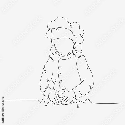 Continuous one line design of a little girl kneading dough. Cute cooking art character. Minimalist style vector illustration on white background.