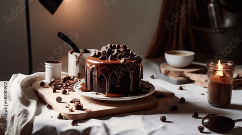chocolate cake with coffee, chocolate cake on a table, generative ai