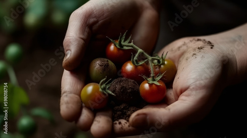 tomatoes in hand, organic food concept in female hands, generative ai