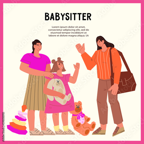 Nanny and part-babysitter hiring agency banner or poster design, flat vector illustration isolated. Service of hiring nanny advertisement.