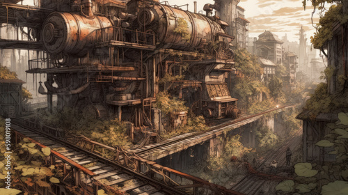 Petrified steam abadoned factory  steampunk factory  generative ai