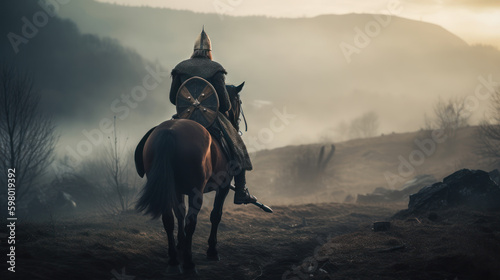 Full figure viking varrior on horseback, generative ai © TheGoldTiger