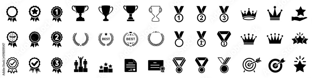 Set of winning award and prize icons, trophy reward, victory trophy signs depicting an award, victory cup achievement, winner medal - stock vector - obrazy, fototapety, plakaty 