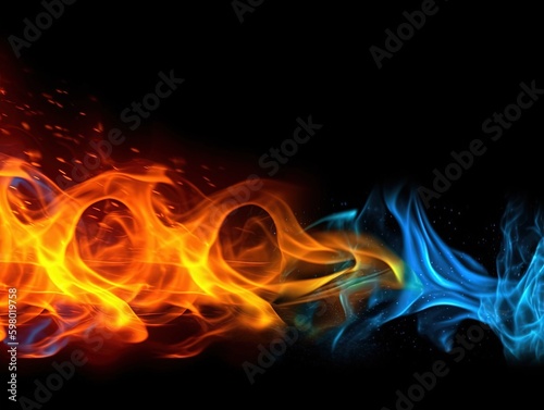  fires of blue and yellow against a black background, in the style of dark white and light red, dark purple and orange, mythological references, ai generated, © Fotostockerspb