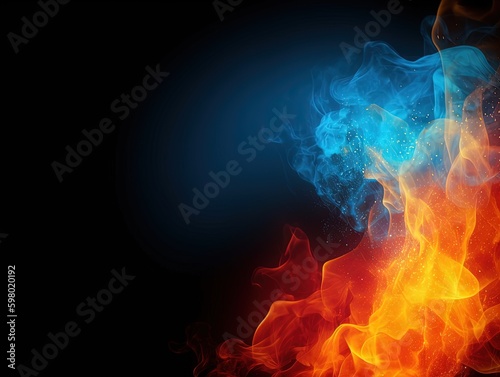  fires of blue and yellow against a black background  in the style of dark white and light red  dark purple and orange  mythological references  ai generated 