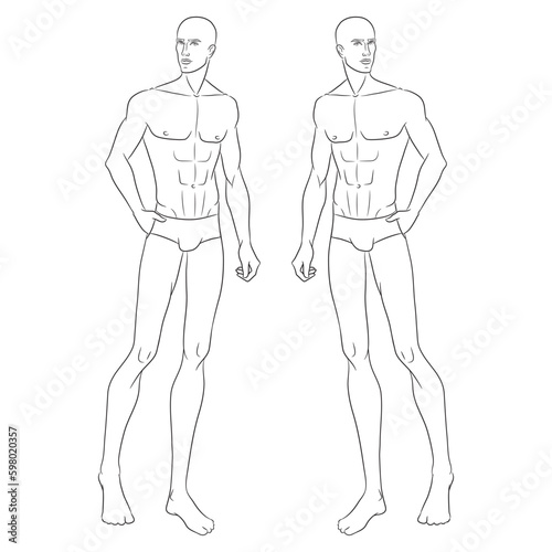 Male fashion model posing. Nine-head fashion figure template. Handsome young man, vector line illustration. Man fashion sketch.