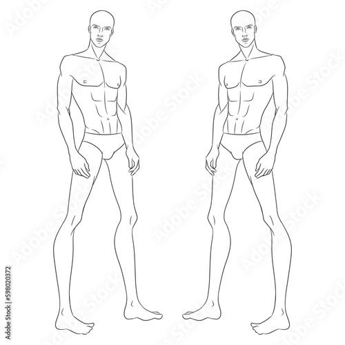 Male fashion model posing. Nine-head fashion figure template. Handsome young man, vector line illustration. Man fashion sketch.