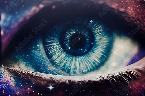 an eye with reflections of galaxy and space