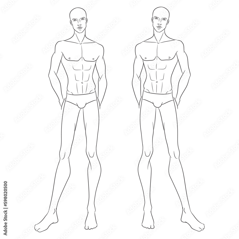 Male fashion model posing. Nine-head fashion figure template. Handsome young man, vector line illustration. Man fashion sketch. Male fashion model posing. Nine-head fashion figure template. Handsome young man, vector line illustration. Man fashion sketch.