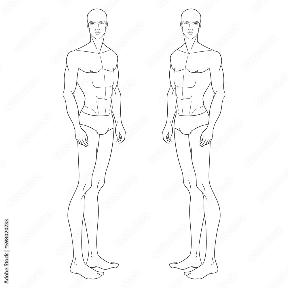 Male fashion model posing. Nine-head fashion figure template. Handsome young man, vector line illustration. Man fashion sketch. Male fashion model posing. Nine-head fashion figure template. Handsome young man, vector line illustration. Man fashion sketch.