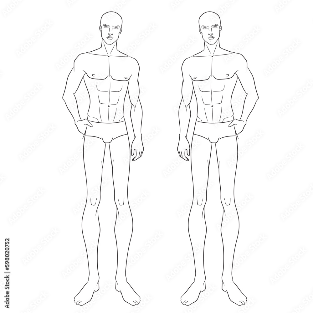 Male fashion model posing. Nine-head fashion figure template. Handsome young man, vector line illustration. Man fashion sketch. Male fashion model posing. Nine-head fashion figure template. Handsome young man, vector line illustration. Man fashion sketch.