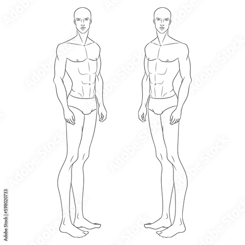 Male fashion model posing. Nine-head fashion figure template. Handsome young man, vector line illustration. Man fashion sketch.