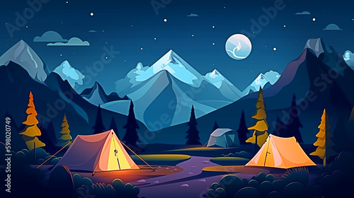 Camping in mountains at night illustration in cartoon style. Generative AI