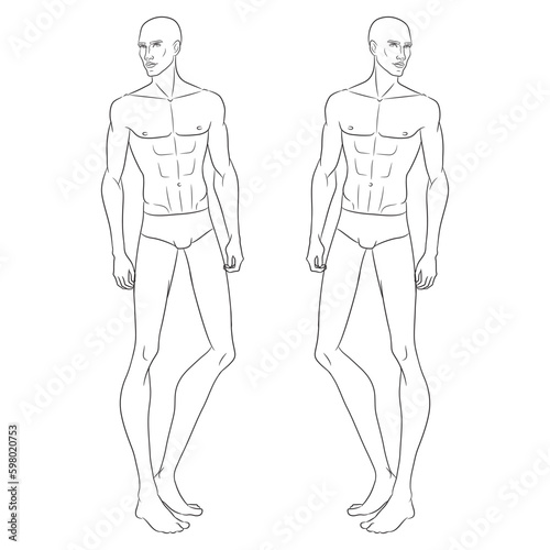 Male fashion model posing. Nine-head fashion figure template. Handsome young man, vector line illustration. Man fashion sketch.