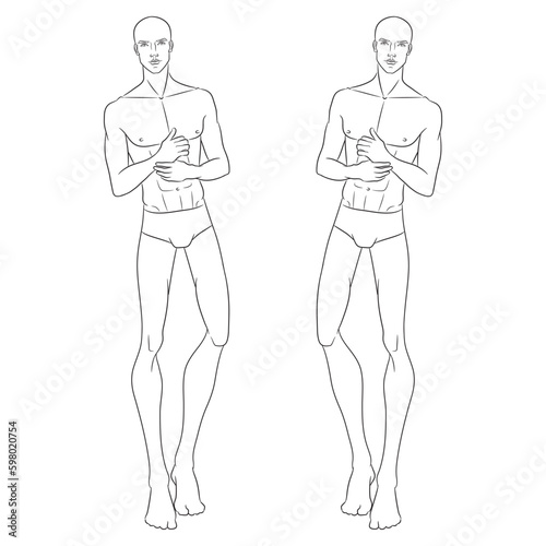 Male fashion model posing. Nine-head fashion figure template. Handsome young man, vector line illustration. Man fashion sketch.