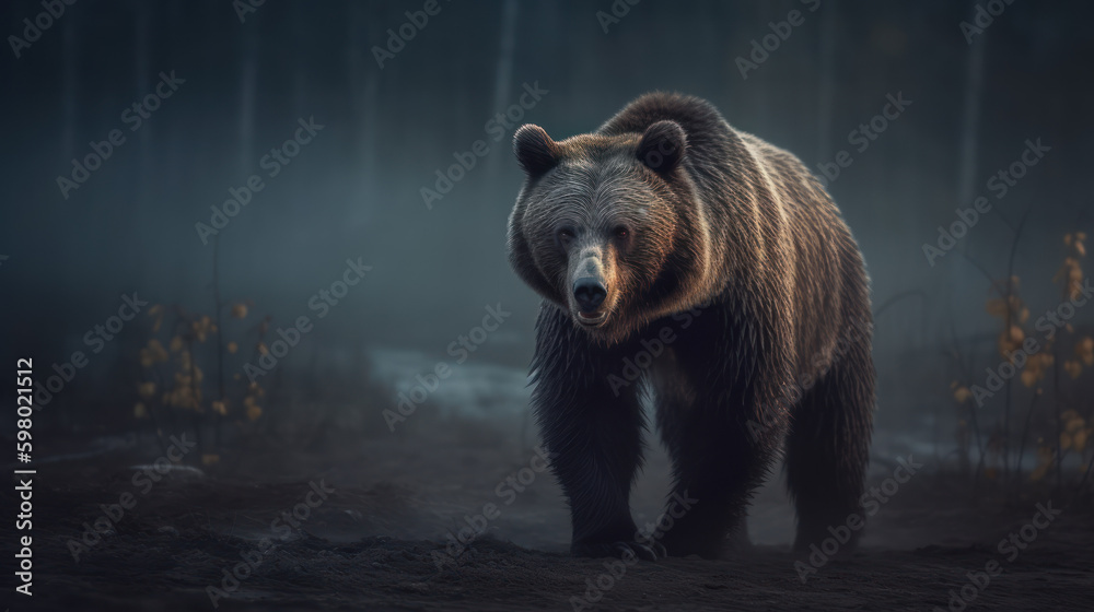 Fototapeta premium brown bear in the forest, grizzly bear in dark, generative ai