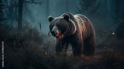 brown bear in the forest, grizzly bear in dark, generative ai