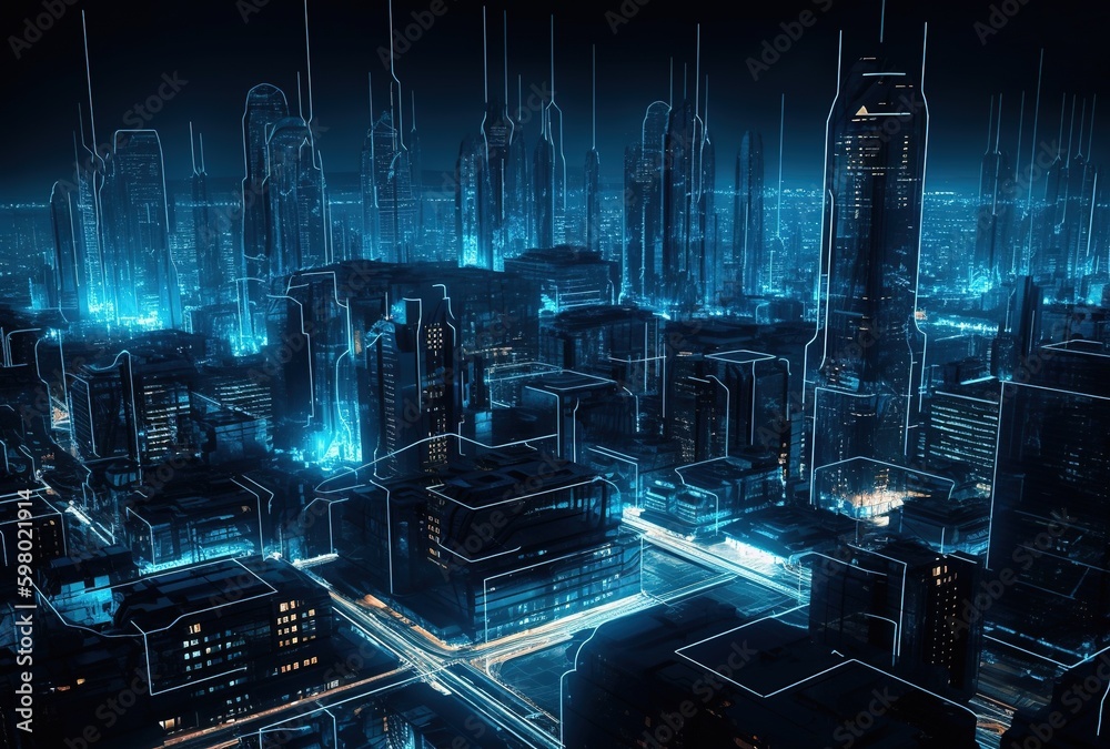 Futuristic city. Buildings, lights and street. Generative AI. Future concept. 