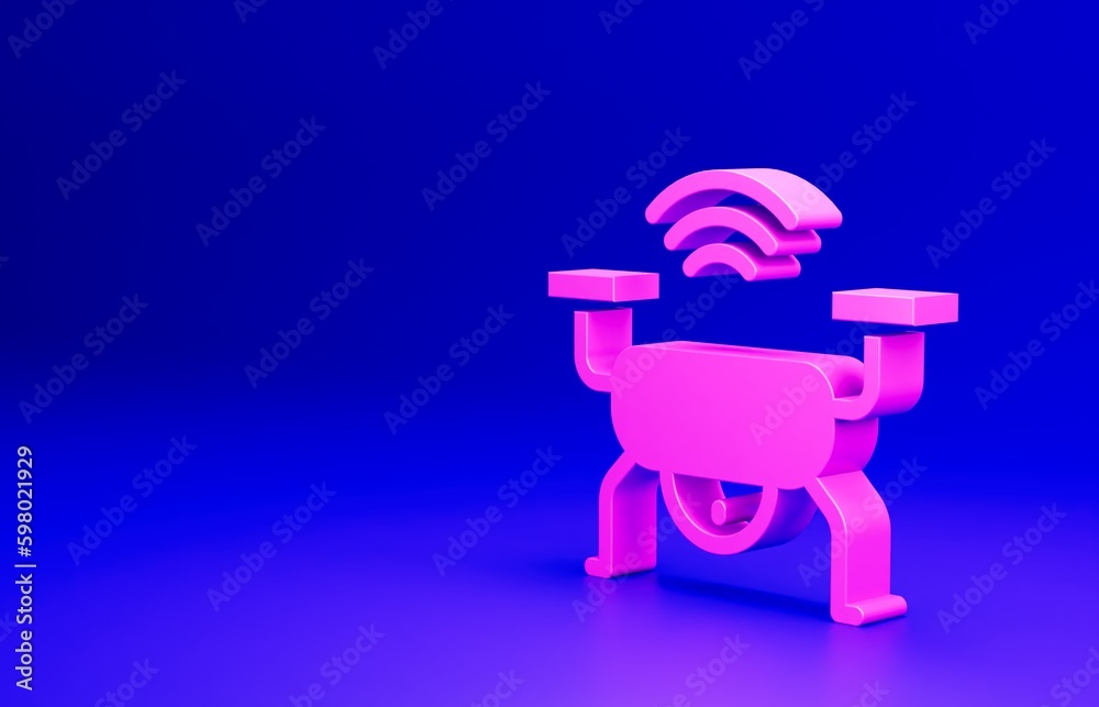 Pink Smart drone system icon isolated on blue background. Quadrocopter with video and photo camera symbol. Minimalism concept. 3D render illustration Pink Smart drone system icon isolated on blue background. Quadrocopter with video and photo camera symbol. Minimalism concept. 3D render illustration