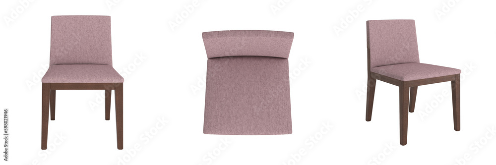 Fototapeta premium Chair in front, side and Top angles, interior furniture on white background, chair in different positions, Set of three chairs in different view angles, different angle, chairs set in various points o