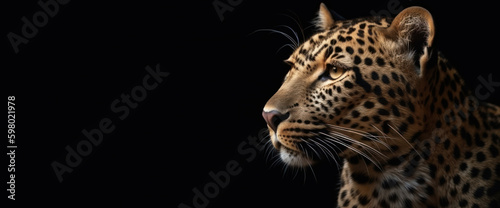 Leopard head  a large carnivorous animal close-up. Panoramic image of the head of a predatory animal on the right on a black isolated banner background. Generative AI.
