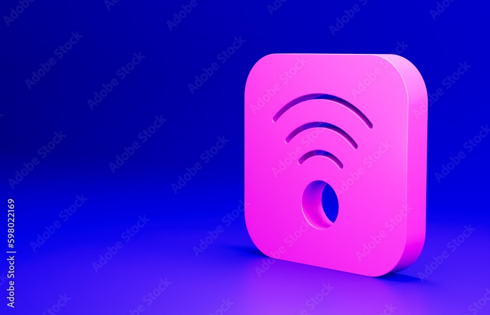 Pink Wi-Fi wireless internet network symbol icon isolated on blue background. Minimalism concept. 3D render illustration Pink Wi-Fi wireless internet network symbol icon isolated on blue background. Minimalism concept. 3D render illustration
