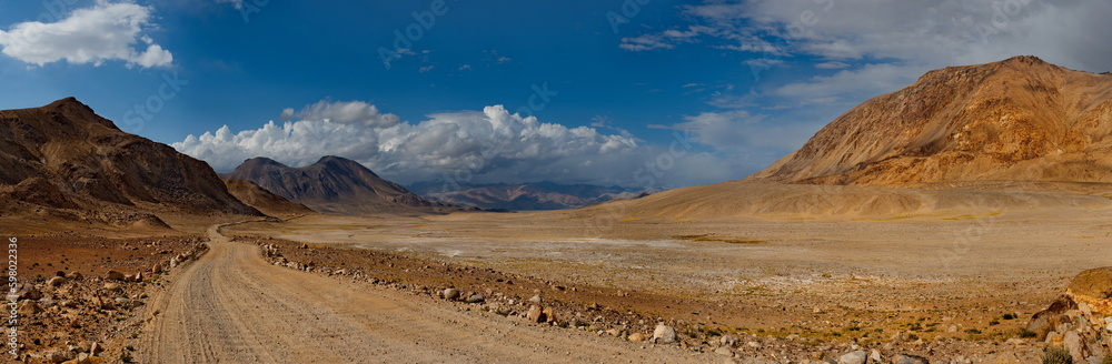 Tadjikistan. A sunny evening in the deserted mountain valleys on the northeastern section of the Pamir tract.