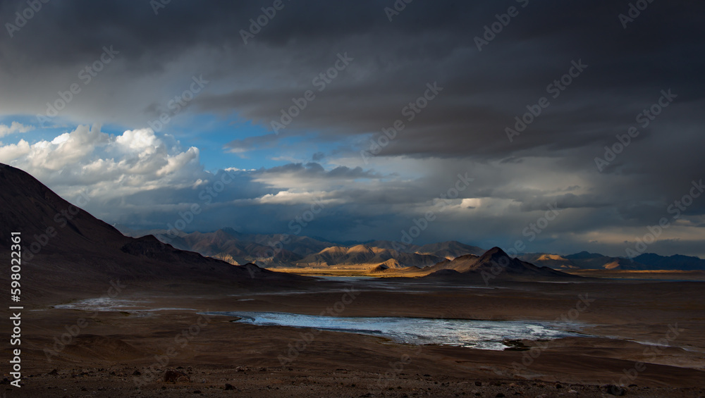 Tadjikistan. A sunny evening in the deserted mountain valleys on the northeastern section of the Pamir tract.