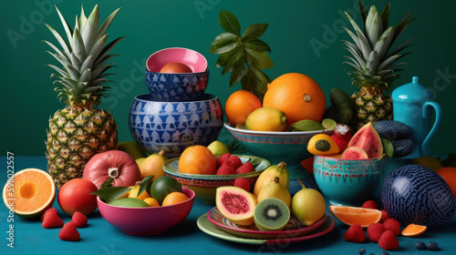 Summer themed tropical fruits with pineapples  generative ai