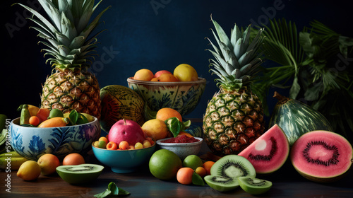 Summer themed tropical fruits with pineapples  generative ai