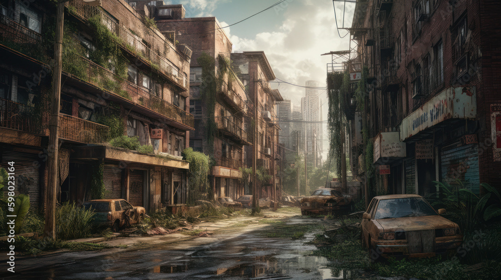 Fototapeta premium A desolate cityscape with ruins, vegetation and rusty old cars, generative ai