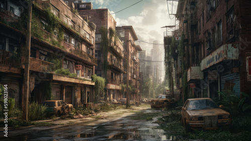 A desolate cityscape with ruins, vegetation and rusty old cars, generative ai © TheGoldTiger